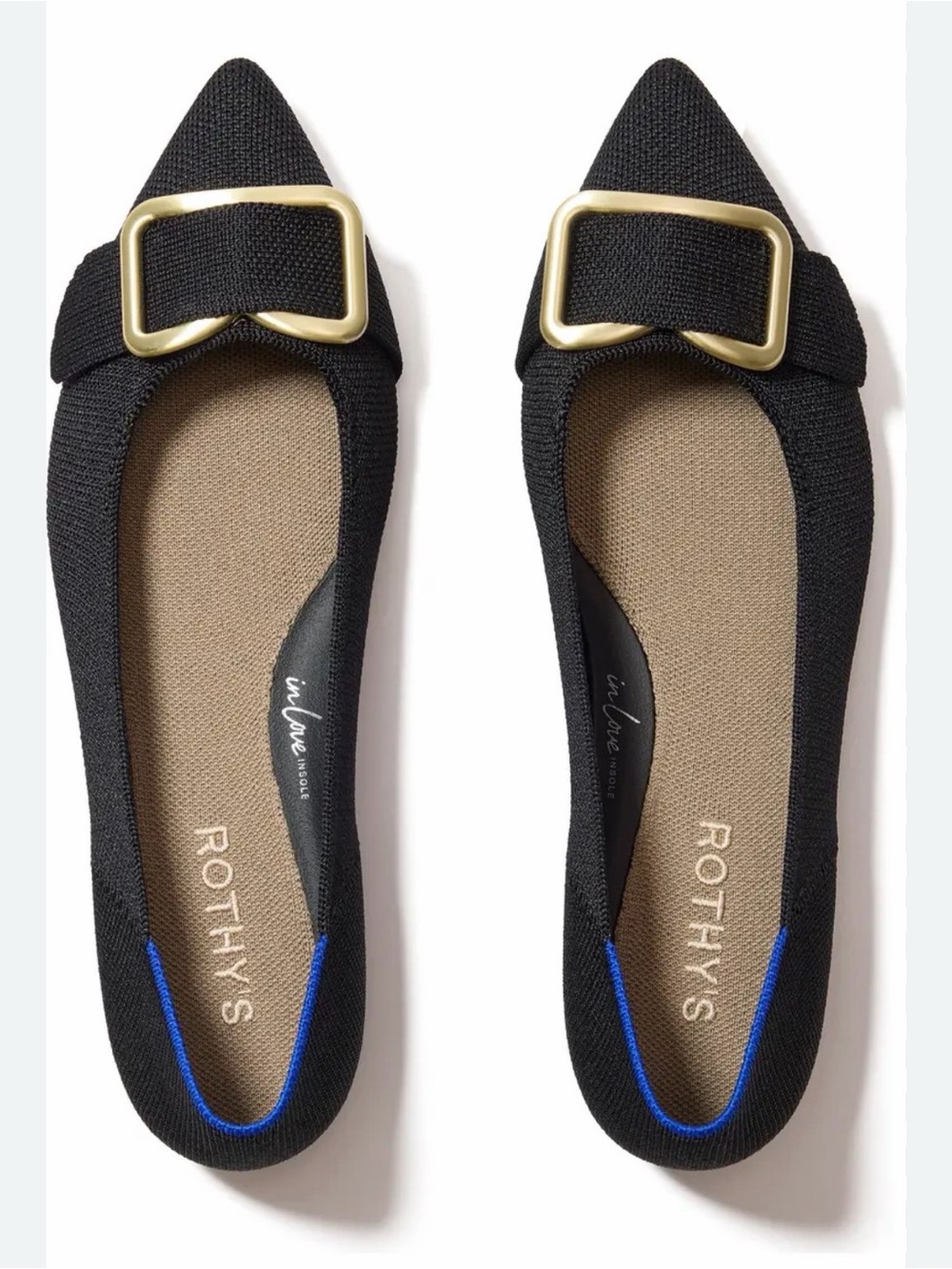 Rothy's Black Pointed Knit Flats with Gold Buckle